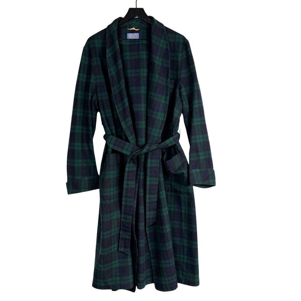Vintage Pendleton Virgin Wool Green Blue Plaid Robe Mens Long - L